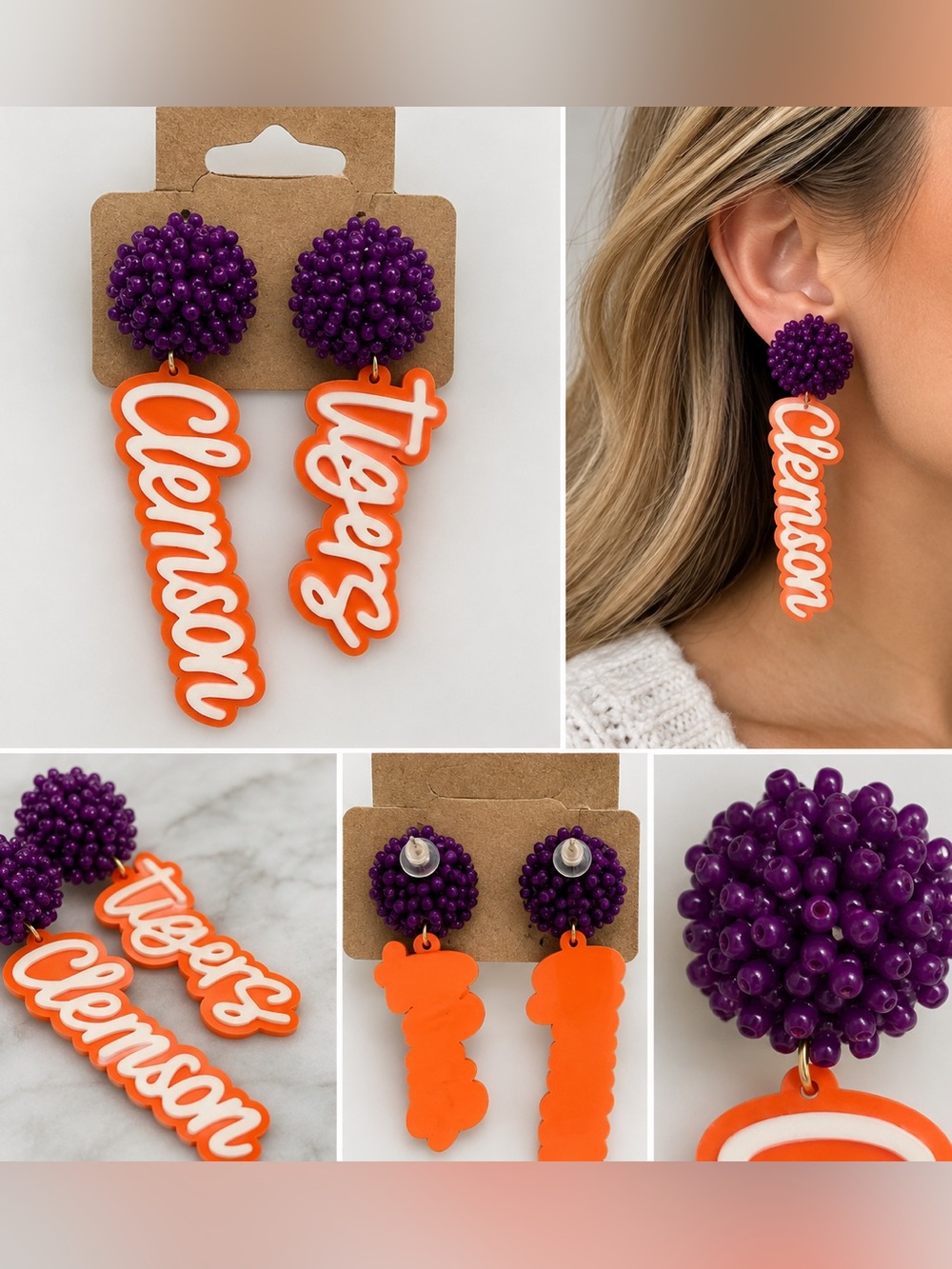 Clemson Tigers Purple & Orange Beaded Statement Earrings